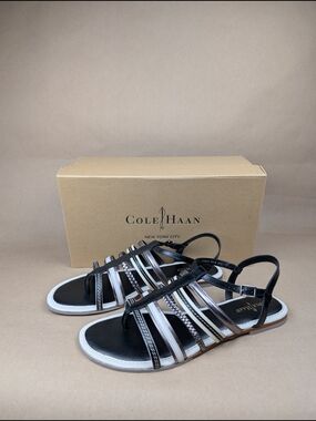 NIB Cole Haan Nassau Flat Sandal, Black and White Strappy Leather Women's 9.5